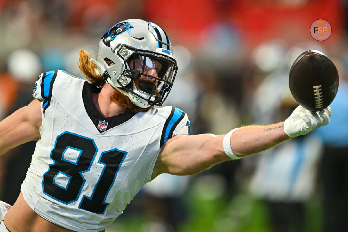 ATLANTA, GA – SEPTEMBER 10:  Carolina tight end Hayden Hurst (81) warms up prior to the start of the NFL game between the Carolina Panthers and the Atlanta Falcons on September 10th, 2023 at Mercedes-Benz Stadium in Atlanta, GA.  (Photo by Rich von Biberstein/Icon Sportswire)