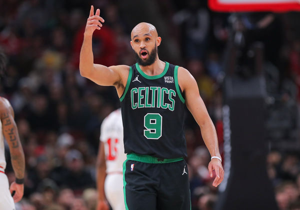 CHICAGO, IL - FEBRUARY 22: Derrick White #9 of the Boston Celtics reacts during the first half against the the Chicago Bulls at United Center on February 22, 2024 in Chicago, Illinois. (Photo by Melissa Tamez/Icon Sportswire)