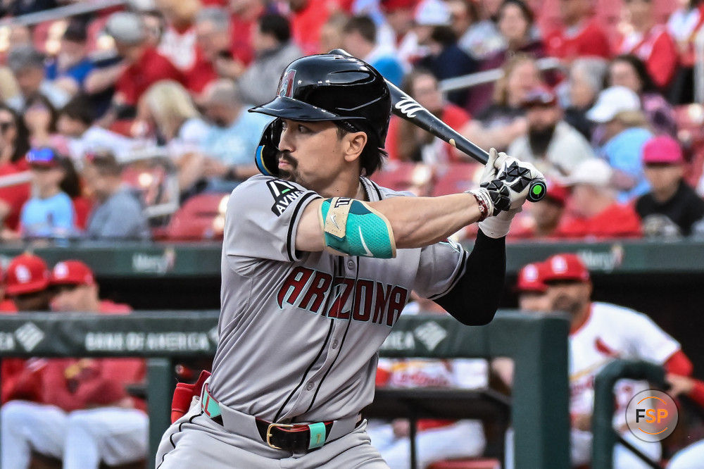 ST. LOUIS, MO - APRIL 22: Arizona Diamondbacks center fielder Corbin Carroll (7) waits for the pitch during a game between the Arizona Diamondbacks and the St. Louis Cardinals on Monday April 22, 2024, at Busch Stadium in St. Louis MO (Photo by Rick Ulreich/Icon Sportswire)