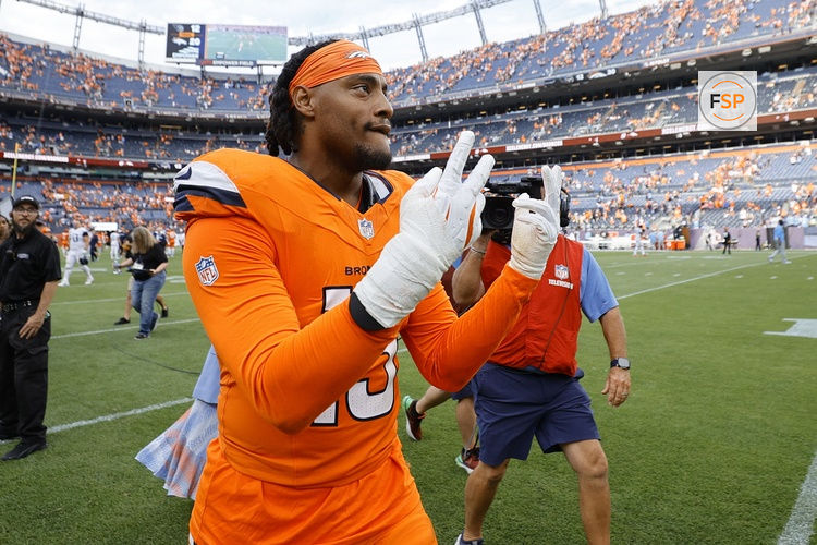 Sep 7, 2025; Denver, Colorado, USA; Denver Broncos linebacker Nik Bonitto (15) reacts after the game at Empower Field at Mile High. Credit: Isaiah J. Downing-Imagn Images