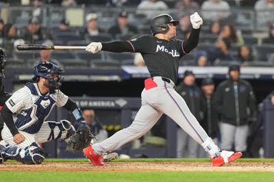 Apr 4, 2026; Bronx, New York, USA;Miami Marlins center fielder Jakob Marsee (87) hits a single against the New York Yankees during the fourth inning at Yankee Stadium. Mandatory Credit: Gregory Fisher-Imagn Images