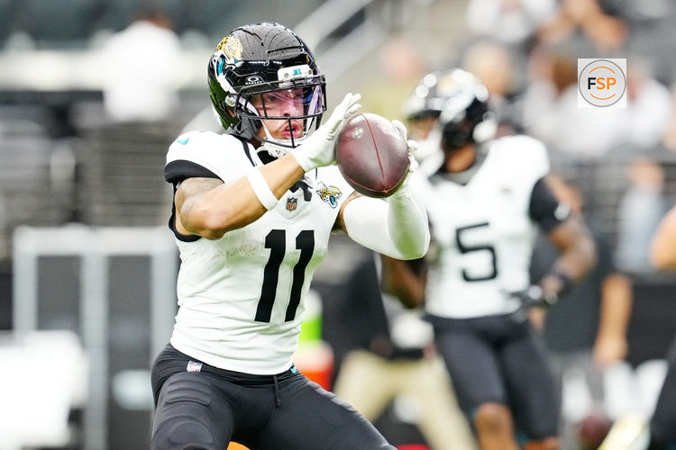 Nov 2, 2025; Paradise, Nevada, USA; Jacksonville Jaguars wide receiver Parker Washington (11) warms up before the game against the Las Vegas Raiders at Allegiant Stadium. Credit: Stephen R. Sylvanie-Imagn Images