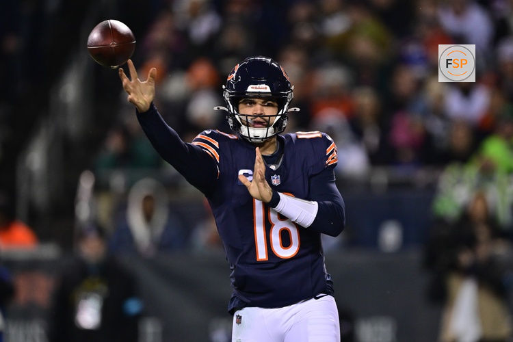 Dec 26, 2024; Chicago, Illinois, USA; Chicago Bears quarterback Caleb Williams (18) passes the ball against the Seattle Seahawks during the second quarter at Soldier Field. Credit: Daniel Bartel-Imagn Images