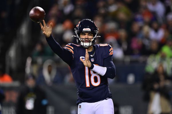 Dec 26, 2024; Chicago, Illinois, USA; Chicago Bears quarterback Caleb Williams (18) passes the ball against the Seattle Seahawks during the second quarter at Soldier Field. Mandatory Credit: Daniel Bartel-Imagn Images