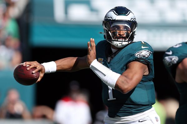 Oct 5, 2025; Philadelphia, Pennsylvania, USA; Philadelphia Eagles quarterback Jalen Hurts (1) passes against the Denver Broncos in the second quarter at Lincoln Financial Field. Mandatory Credit: Bill Streicher-Imagn Images