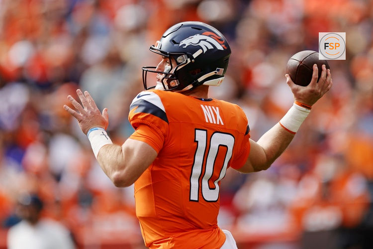 Oct 19, 2025; Denver, Colorado, USA; Denver Broncos quarterback Bo Nix (10) makes a pass during the first half against the New York Giants at Empower Field at Mile High. Credit: Isaiah J. Downing-Imagn Images