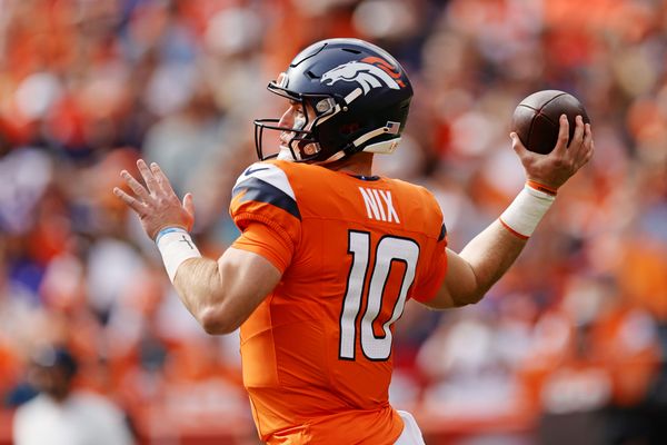 Oct 19, 2025; Denver, Colorado, USA; Denver Broncos quarterback Bo Nix (10) makes a pass during the first half against the New York Giants at Empower Field at Mile High. Mandatory Credit: Isaiah J. Downing-Imagn Images