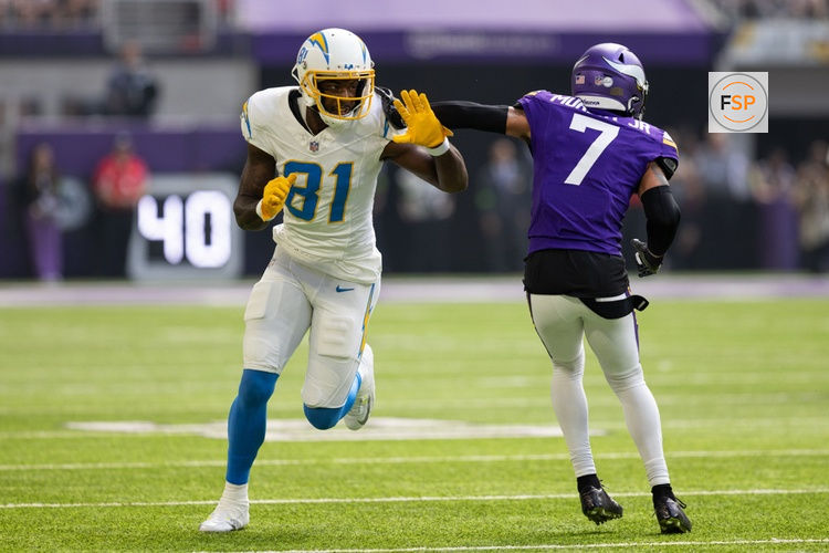 MINNEAPOLIS, MN - SEPTEMBER 24: Los Angeles Chargers wide receiver Mike Williams (81) runs a route while being defended by Minnesota Vikings cornerback Byron Murphy Jr. (7) during the NFL game between the Los Angles Chargers and the Minnesota Vikings on September 24th, 2023, at U.S. Bank Stadium in Minneapolis, MN. (Photo by Bailey Hillesheim/Icon Sportswire)