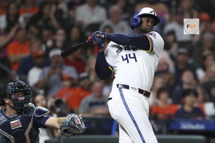 May 11, 2026; Houston, Texas, USA; Houston Astros designated hitter Yordan Alvarez (44) hits a single during the fifth inning against the Seattle Mariners at Daikin Park. Credit: Troy Taormina-Imagn Images