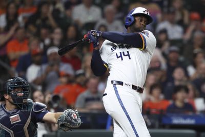 May 11, 2026; Houston, Texas, USA; Houston Astros designated hitter Yordan Alvarez (44) hits a single during the fifth inning against the Seattle Mariners at Daikin Park. Mandatory Credit: Troy Taormina-Imagn Images