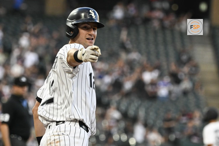 Aug 23, 2025; Chicago, Illinois, USA;  Chicago White Sox shortstop Colson Montgomery (12) points after he hits a grand slam against the Minnesota Twins during the second inning at Rate Field. Credit: Matt Marton-Imagn Images
