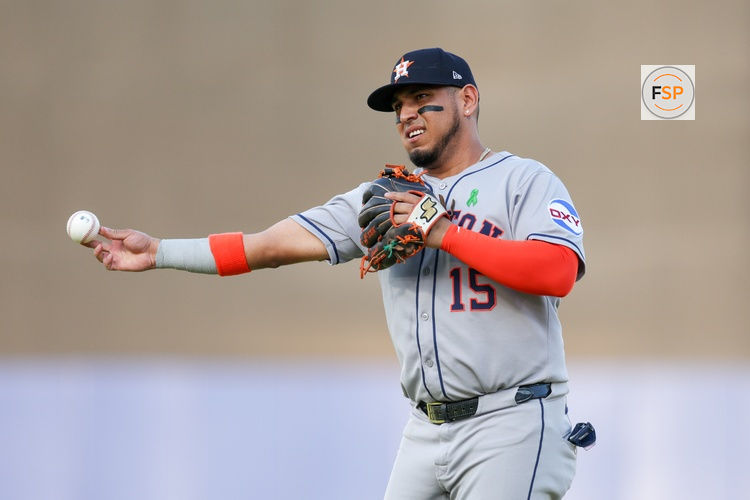May 19, 2025; Tampa, Florida, USA; Houston Astros third baseman Isaac Paredes (15) warms up before a game against the Tampa Bay Rays at George M. Steinbrenner Field. Credit: Nathan Ray Seebeck-Imagn Images
