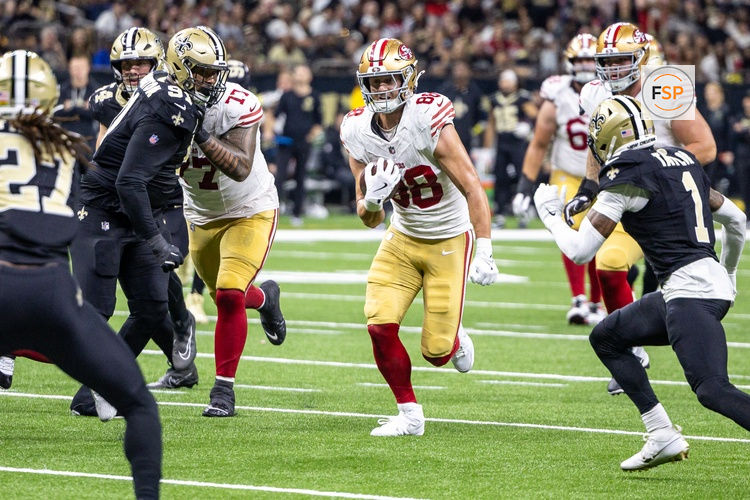 Sep 14, 2025; New Orleans, Louisiana, USA; San Francisco 49ers tight end Jake Tonges (88) runs against the New Orleans Saints during the first half at Caesars Superdome. Credit: Stephen Lew-Imagn Images