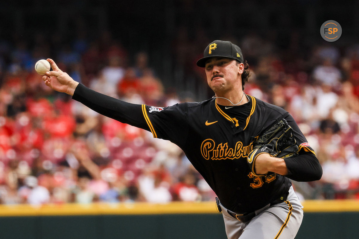 Sep 22, 2024; Cincinnati, Ohio, USA; Pittsburgh Pirates starting pitcher Paul Skenes (30) pitches against the Cincinnati Reds in the third inning at Great American Ball Park. Credit: Katie Stratman-Imagn Images