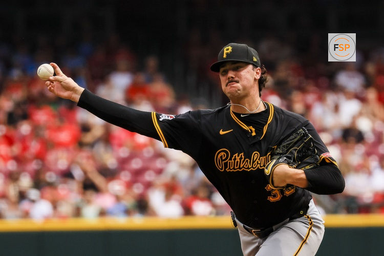 Sep 22, 2024; Cincinnati, Ohio, USA; Pittsburgh Pirates starting pitcher Paul Skenes (30) pitches against the Cincinnati Reds in the third inning at Great American Ball Park. Credit: Katie Stratman-Imagn Images