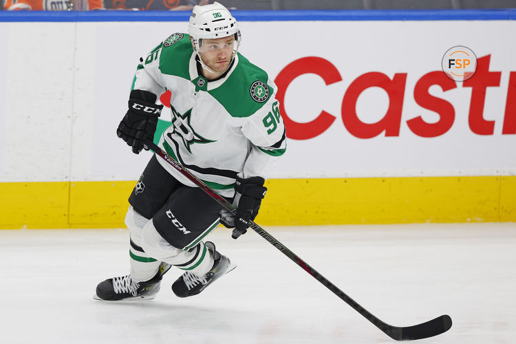 Mar 8, 2025; Edmonton, Alberta, CAN; Dallas Stars forward forward Mikko Rantanen (96) skates during warmup against the Edmonton Oilers at Rogers Place. Credit: Perry Nelson-Imagn Images