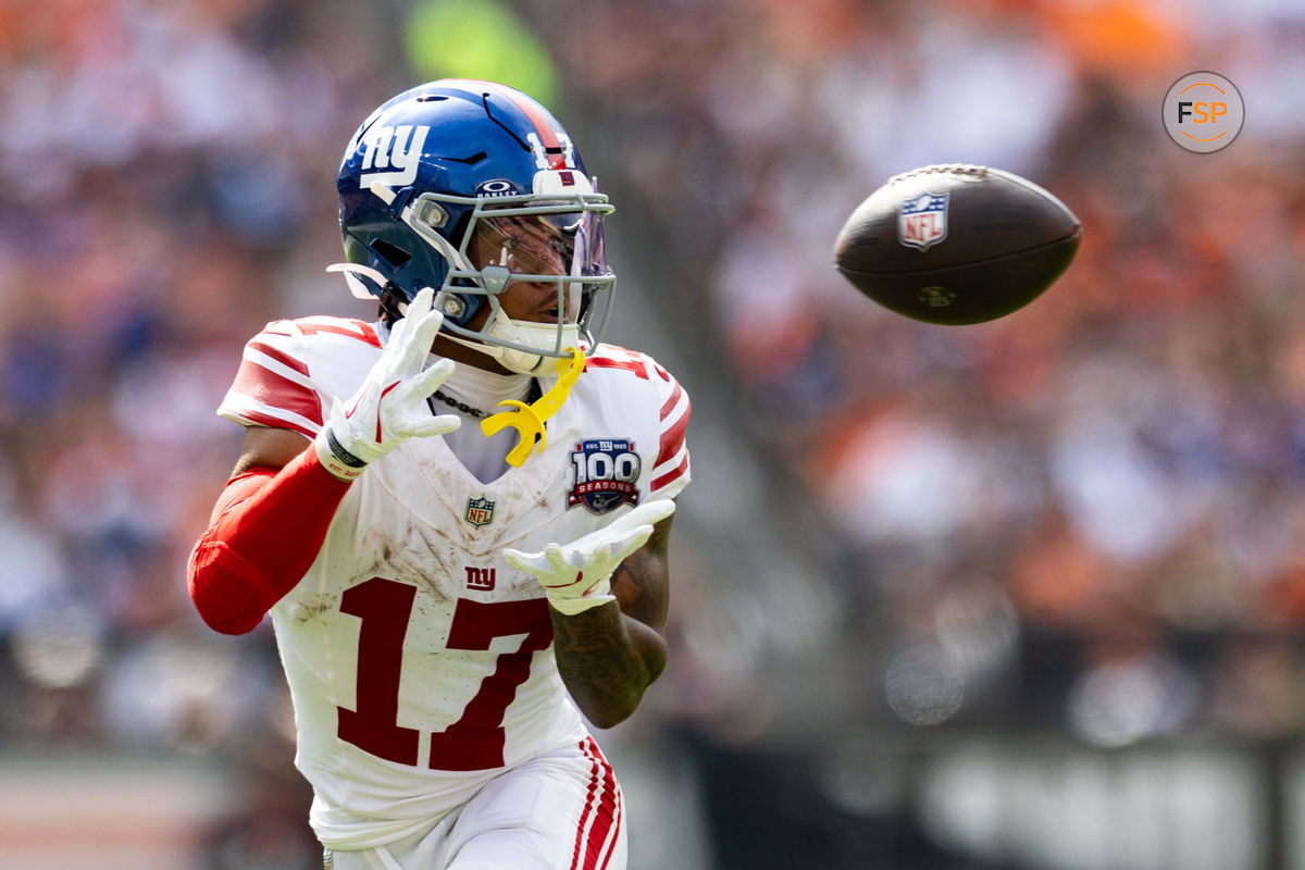 Sep 22, 2024; Cleveland, Ohio, USA; New York Giants wide receiver Wan'Dale Robinson (17) catches a pass during the third quarter against the Cleveland Browns at Huntington Bank Field. Credit: Scott Galvin-Imagn Images