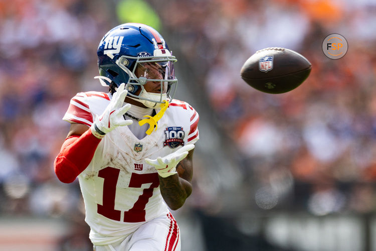 Sep 22, 2024; Cleveland, Ohio, USA; New York Giants wide receiver Wan'Dale Robinson (17) catches a pass during the third quarter against the Cleveland Browns at Huntington Bank Field. Credit: Scott Galvin-Imagn Images