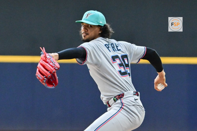 Jul 27, 2025; Milwaukee, Wisconsin, USA;  Miami Marlins starting pitcher Eury Perez (39) throws a pitch in the first inning against the Milwaukee Brewers at American Family Field. Credit: Benny Sieu-Imagn Images
