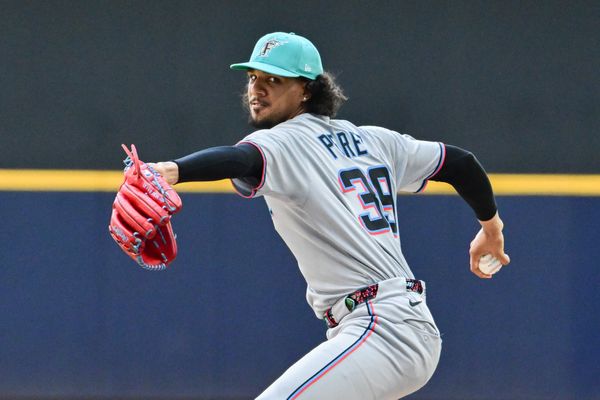 Jul 27, 2025; Milwaukee, Wisconsin, USA;  Miami Marlins starting pitcher Eury Perez (39) throws a pitch in the first inning against the Milwaukee Brewers at American Family Field. Mandatory Credit: Benny Sieu-Imagn Images