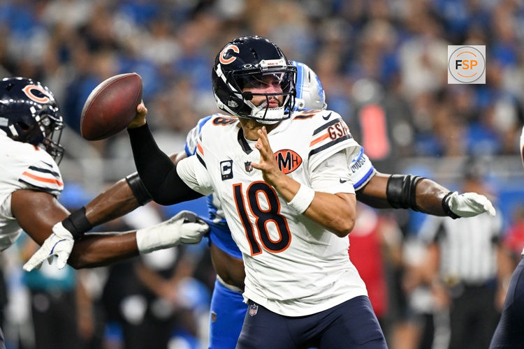 Sep 14, 2025; Detroit, Michigan, USA; Chicago Bears quarterback Caleb Williams (18) looks to pass the ball against the Detroit Lions during the third quarter of the game at Ford Field. Credit: Lon Horwedel-Imagn Images