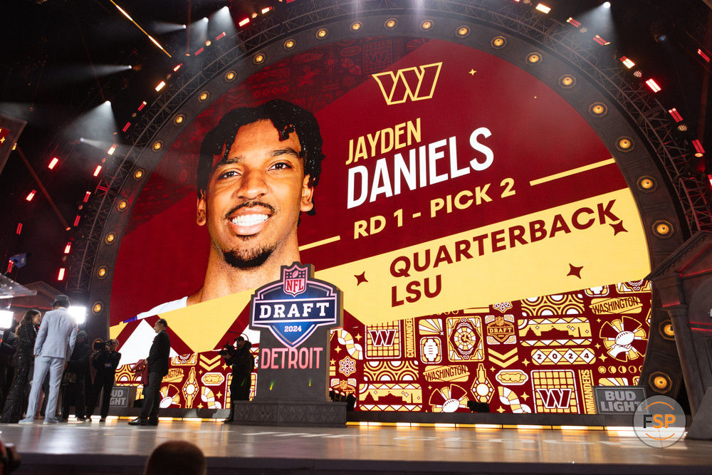 DETROIT, MI - APRIL 25: Washington Commanders select LSU Quarterback Jayden Daniels second overall during day 1 of the NFL Draft on April 25, 2024 at Fox Theatre in Detroit, MI. (Photo by John Smolek/Icon Sportswire)