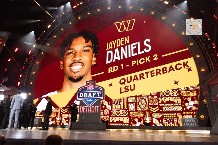 DETROIT, MI - APRIL 25: Washington Commanders select LSU Quarterback Jayden Daniels second overall during day 1 of the NFL Draft on April 25, 2024 at Fox Theatre in Detroit, MI. (Photo by John Smolek/Icon Sportswire)