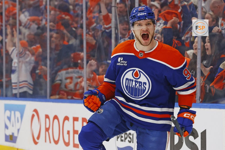 Apr 28, 2026; Edmonton, Alberta, CAN; Edmonton Oilers forward Vasily Podkolzin (92) celebrates after scoring a goal during the first period against the Anaheim Ducks in game five of the first round of the 2026 Stanley Cup Playoffs at Rogers Place. Credit: Perry Nelson-Imagn Images