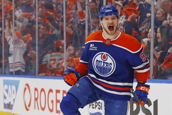 Apr 28, 2026; Edmonton, Alberta, CAN; Edmonton Oilers forward Vasily Podkolzin (92) celebrates after scoring a goal during the first period against the Anaheim Ducks in game five of the first round of the 2026 Stanley Cup Playoffs at Rogers Place. Mandatory Credit: Perry Nelson-Imagn Images