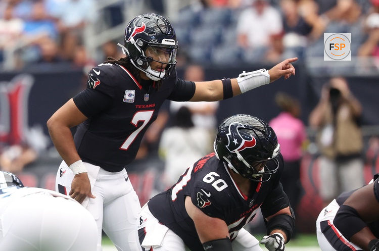 Sep 28, 2025; Houston, Texas, USA; Houston Texans quarterback CJ. Stroud (7) calls an audible during the first half against the Tennessee Titans at NRG Stadium. Credit: Troy Taormina-Imagn Images
