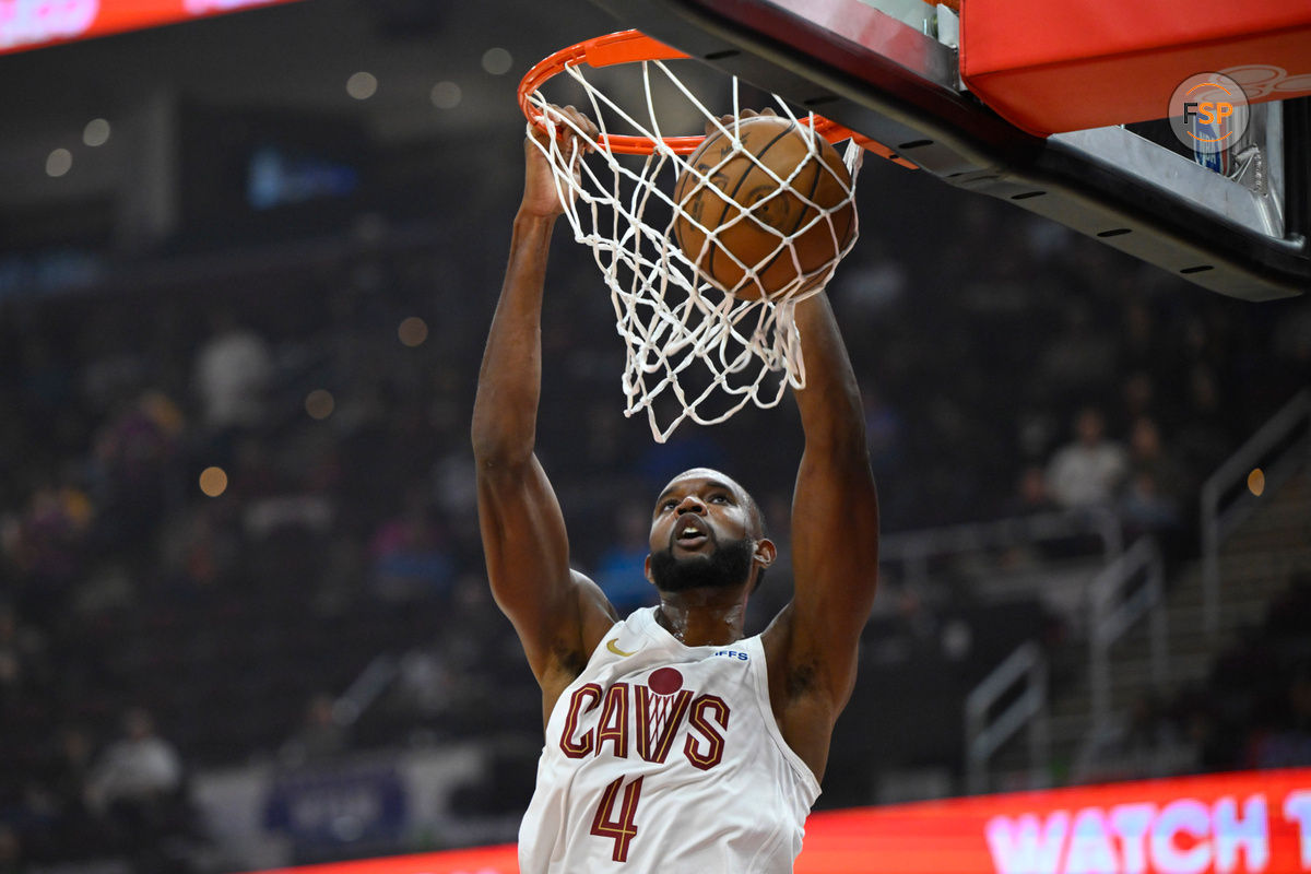 Oct 8, 2024; Cleveland, Ohio, USA; Cleveland Cavaliers forward Evan Mobley (4) dunks in the first quarter against the Chicago Bulls at Rocket Mortgage FieldHouse. Credit: David Richard-Imagn Images