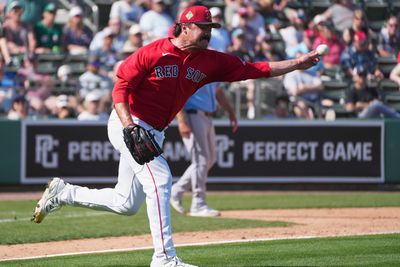 Feb 26, 2026; Fort Myers, Florida, USA;  Boston Red Sox pitcher Payton Tolle (70) throws to first base after fielding a ground ball against the Tampa Bay Rays during the sixth inning at JetBlue Park at Fenway South. Mandatory Credit: Jim Rassol-Imagn Images