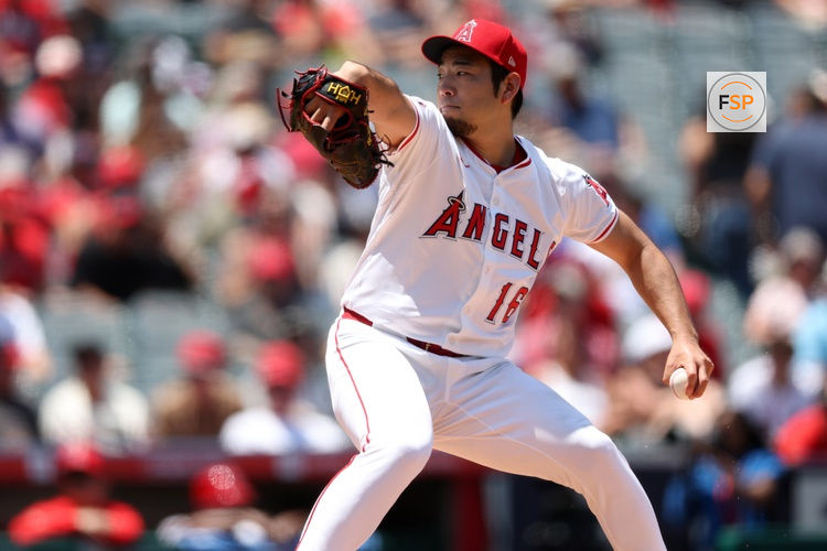 Jun 25, 2025; Anaheim, California, USA;  Los Angeles Angels starting pitcher Yusei Kikuchi (16) pitches during the second inning against the Boston Red Sox at Angel Stadium. Credit: Kiyoshi Mio-Imagn Images
