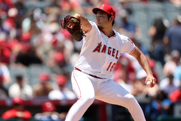Jun 25, 2025; Anaheim, California, USA;  Los Angeles Angels starting pitcher Yusei Kikuchi (16) pitches during the second inning against the Boston Red Sox at Angel Stadium. Mandatory Credit: Kiyoshi Mio-Imagn Images