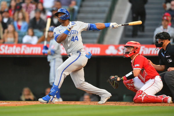 ANAHEIM, CA - MAY 09: Kansas City Royals left fielder Dairon Blanco (44) hits a two run home run during the MLB game between the Kansas City Royals and the Los Angeles Angels of Anaheim on May 9, 2024 at Angel Stadium of Anaheim in Anaheim, CA. (Photo by Brian Rothmuller/Icon Sportswire)