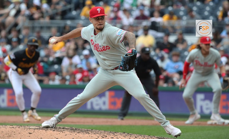 Jun 8, 2025; Pittsburgh, Pennsylvania, USA; Philadelphia Phillies relief pitcher Orion Kerkering (50) pitches against the Pittsburgh Pirates during the eighth inning at PNC Park. Credit: Charles LeClaire-Imagn Images