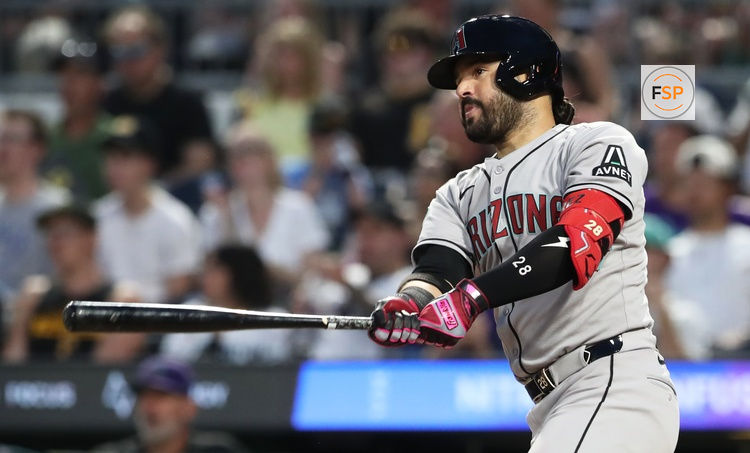 Jul 26, 2025; Pittsburgh, Pennsylvania, USA;  Arizona Diamondbacks third baseman Eugenio Suarez (28) hits a single against the Pittsburgh Pirates during the sixth inning at PNC Park. Credit: Charles LeClaire-Imagn Images