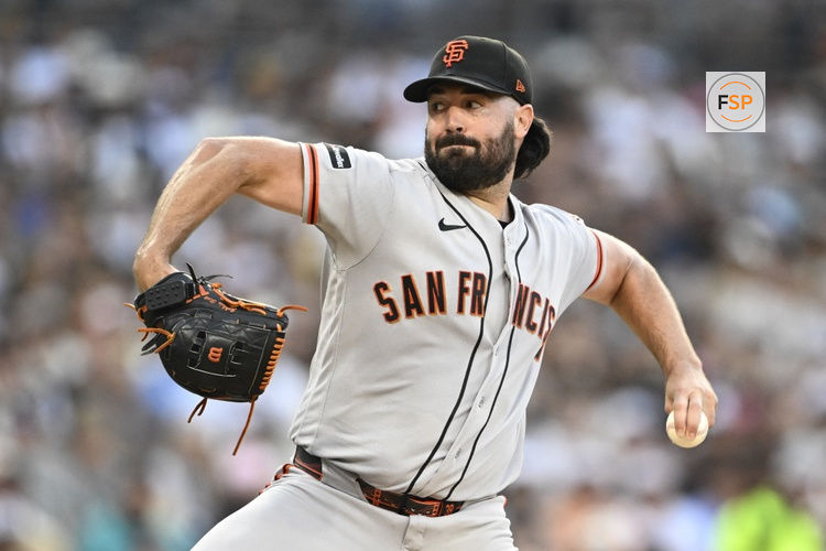 Jul 30, 2026; San Diego, California, USA; San Francisco Giants pitcher Robbie Ray (38) delivers during the first inning against the San Diego Padres at Petco Park. Credit: Denis Poroy-Imagn Images