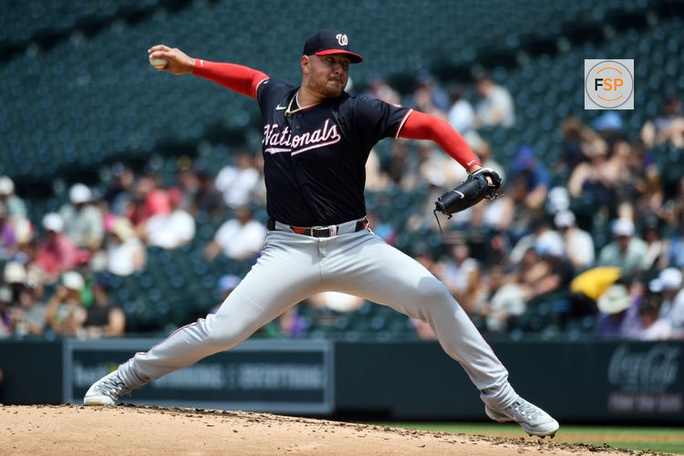 Jul 22, 2026; Denver, Colorado, USA; Washington Nationals pitcher Cade Cavalli (24) pitches in the second inning against the Colorado Rockies at Coors Field. Credit: Christopher Hanewinckel-Imagn Images
