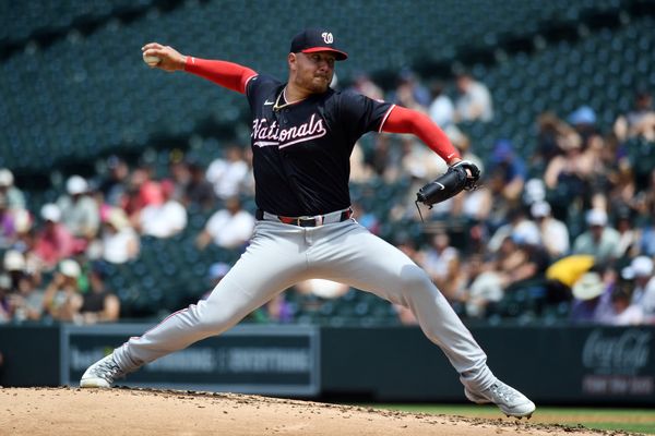 Jul 22, 2026; Denver, Colorado, USA; Washington Nationals pitcher Cade Cavalli (24) pitches in the second inning against the Colorado Rockies at Coors Field. Mandatory Credit: Christopher Hanewinckel-Imagn Images