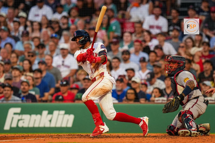May 27, 2026; Boston, Massachusetts, USA; Boston Red Sox center fielder Ceddanne Rafaela (3) singled to left to drive in two runs against the Atlanta Braves in the fourth inning at Fenway Park. Credit: David Butler II-Imagn Images