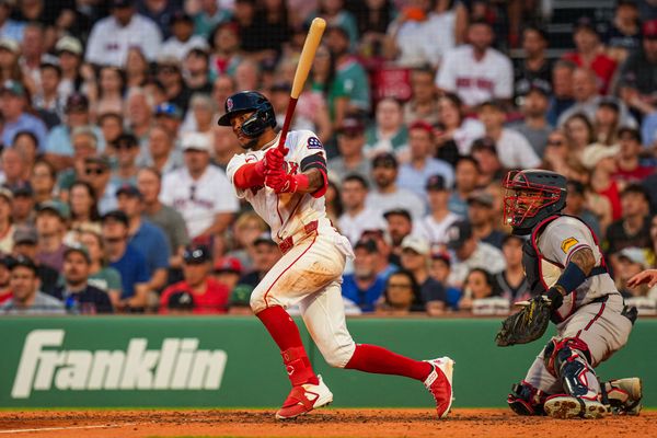May 27, 2026; Boston, Massachusetts, USA; Boston Red Sox center fielder Ceddanne Rafaela (3) singled to left to drive in two runs against the Atlanta Braves in the fourth inning at Fenway Park. Mandatory Credit: David Butler II-Imagn Images