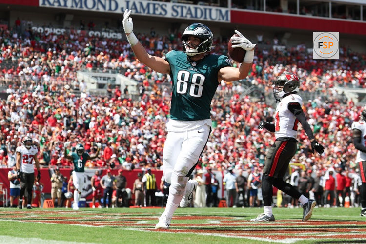 Sep 28, 2025; Tampa, Florida, USA; Philadelphia Eagles tight end Dallas Goedert (88) celebrates a touchdown in the second quarter against the Tampa Bay Buccaneers at Raymond James Stadium. Credit: Nathan Ray Seebeck-Imagn Images