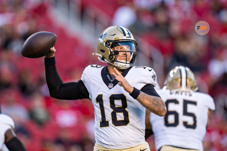 August 18, 2024; Santa Clara, California, USA; New Orleans Saints quarterback Spencer Rattler (18) during the third quarter against the San Francisco 49ers at Levi's Stadium. Credit: Kyle Terada-Imagn Images