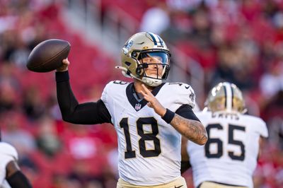 August 18, 2024; Santa Clara, California, USA; New Orleans Saints quarterback Spencer Rattler (18) during the third quarter against the San Francisco 49ers at Levi's Stadium. Mandatory Credit: Kyle Terada-Imagn Images