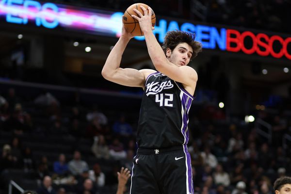 Feb 1, 2026; Washington, District of Columbia, USA; Sacramento Kings center Maxime Raynaud (42) grabs a rebound during the first half against the Washington Wizards at Capital One Arena. Mandatory Credit: Daniel Kucin Jr.-Imagn Images