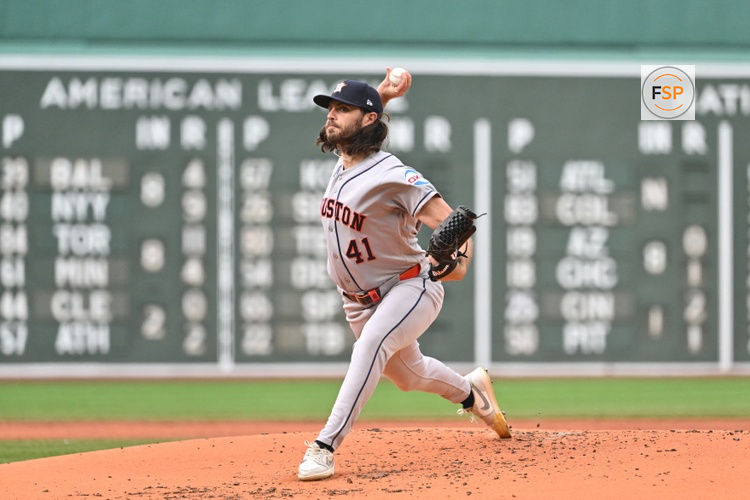 May 2, 2026; Boston, Massachusetts, USA; Houston Astros starting pitcher Spencer Arrighetti (41) pitches against the Boston Red Sox during the first inning at Fenway Park. Credit: Eric Canha-Imagn Images