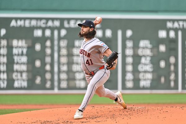 May 2, 2026; Boston, Massachusetts, USA; Houston Astros starting pitcher Spencer Arrighetti (41) pitches against the Boston Red Sox during the first inning at Fenway Park. Mandatory Credit: Eric Canha-Imagn Images