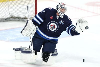 Apr 6, 2026; Winnipeg, Manitoba, CAN; Winnipeg Jets goaltender Connor Hellebuyck (37) warms up before a game against the Seattle Kraken at Canada Life Centre. Mandatory Credit: James Carey Lauder-Imagn Images