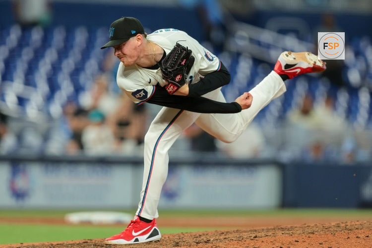 Apr 22, 2026; Miami, Florida, USA; Miami Marlins pitcher Pete Fairbanks (29) delivers a pitch against the St. Louis Cardinals during the ninth inning at loanDepot Park. Credit: Sam Navarro-Imagn Images